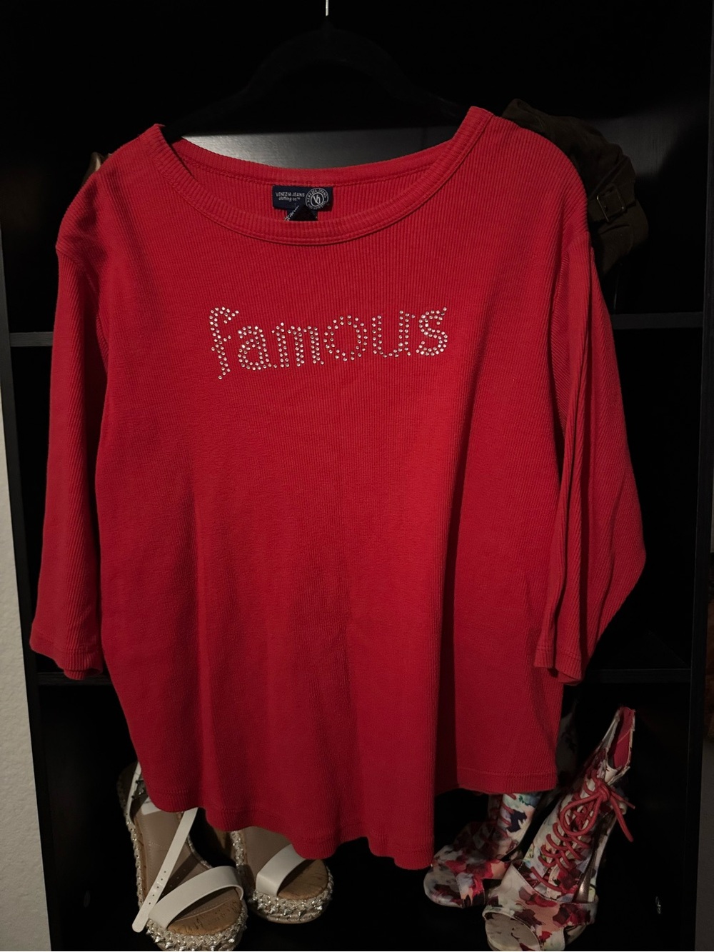 Women's Red Long Sleeve 'Famous' Rhinestone Tee